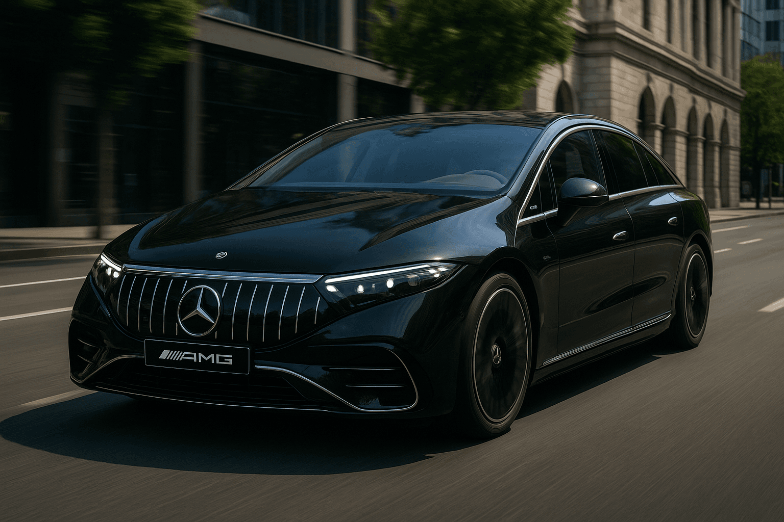 Black Mercedes chauffeur car driving through London